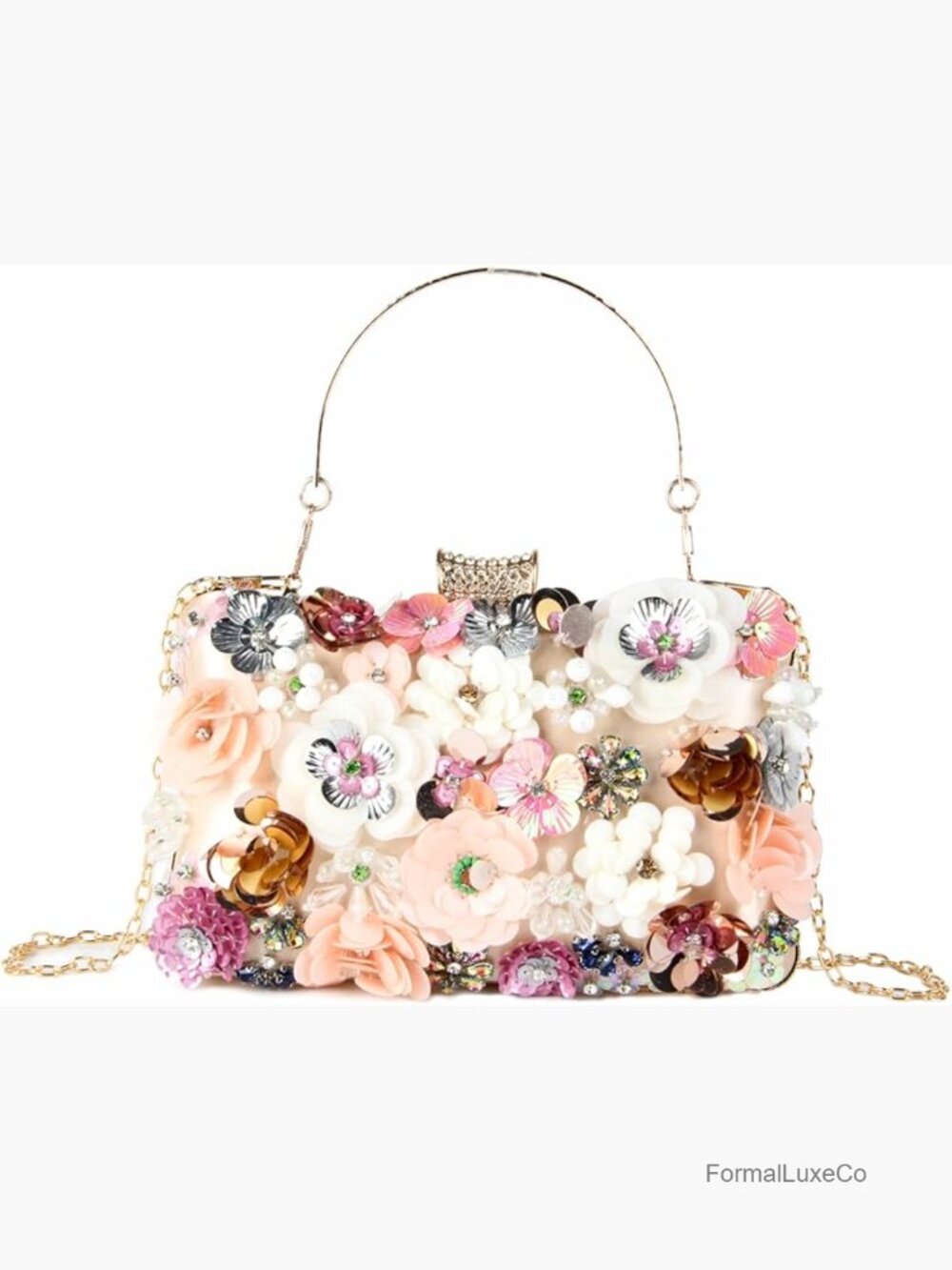 Floral Evening Clutch with Detachable Chain Strap, Perfect for Weddings